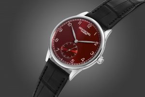 Studiobild einer Hentschel Uhr H1 mit rotem Zifferblatt – Produktfotograf Hamburg